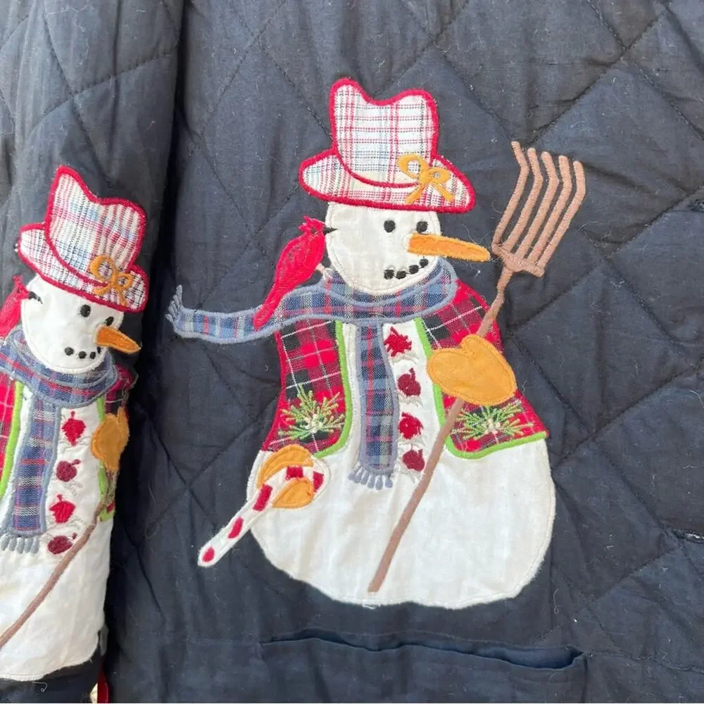 Vintage Americana appliqué snowman quilted jacket reversible w black red plaid